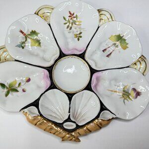 Antique European Porcelain Oyster Plate Hand Painted Botanicals & Shell A734